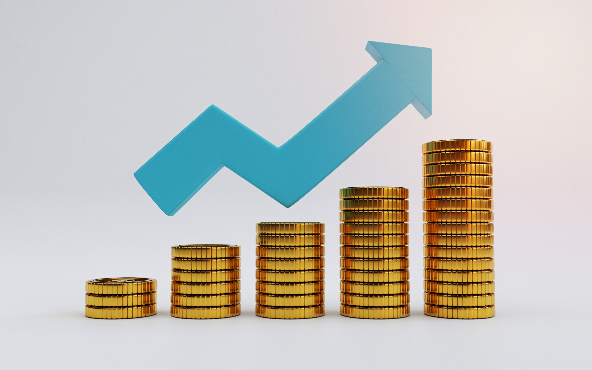 Golden coins stacking with increasing blue arrow on yellow backg